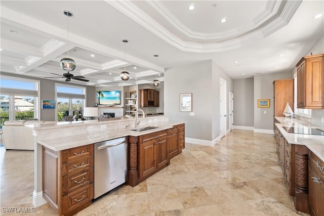 kitchen with decorative light fixtures, dishwasher, sink, coffered ceiling, and light stone counters