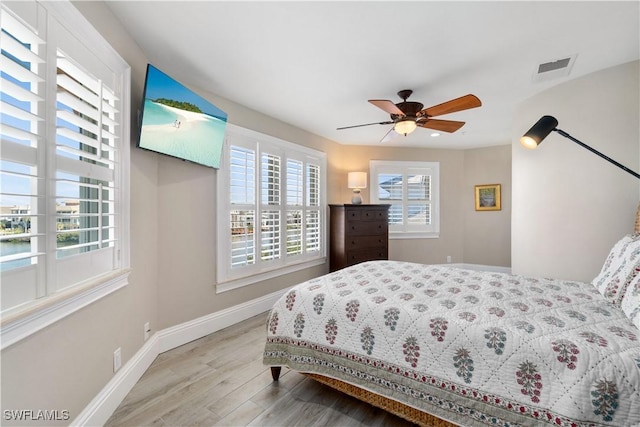 bedroom featuring ceiling fan and light wood-type flooring