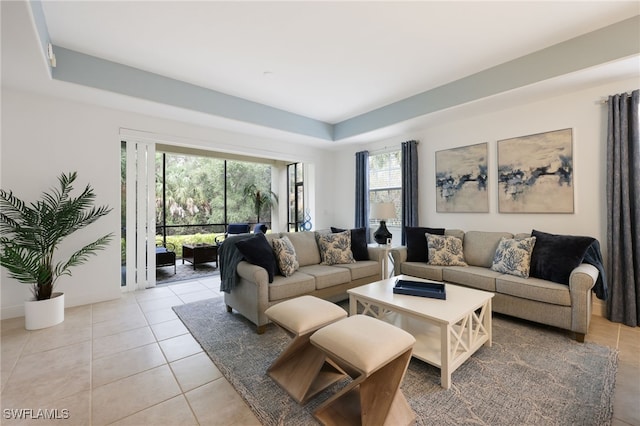 living room with light tile patterned flooring