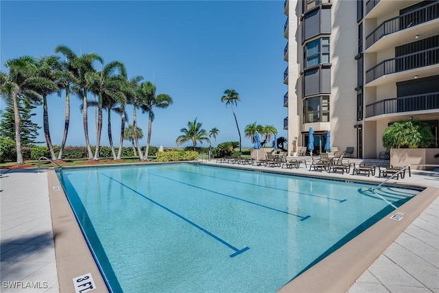 view of swimming pool featuring a patio area