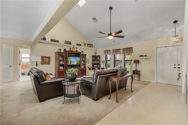 living room featuring ceiling fan, light colored carpet, high vaulted ceiling, and a wealth of natural light