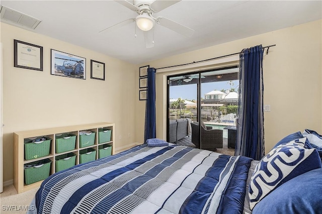 bedroom featuring carpet flooring, access to exterior, and ceiling fan