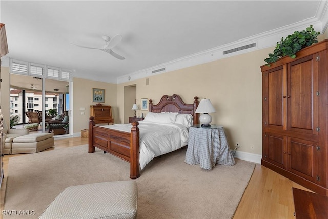 bedroom with ceiling fan, light hardwood / wood-style floors, access to exterior, and ornamental molding