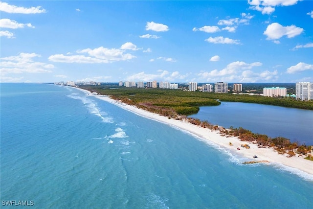 bird's eye view featuring a water view and a beach view