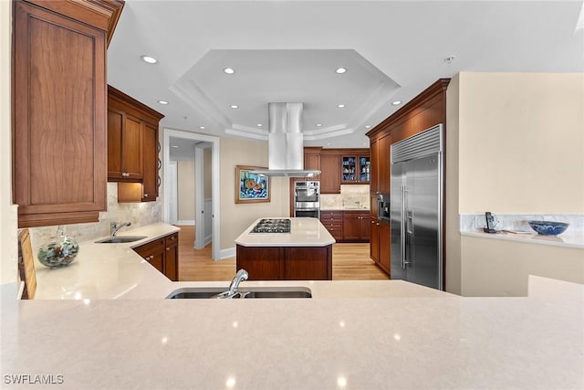 kitchen featuring appliances with stainless steel finishes, island exhaust hood, a raised ceiling, a sink, and recessed lighting
