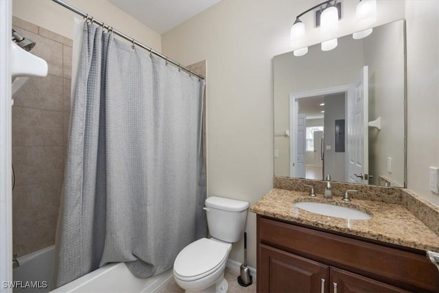 full bathroom featuring electric panel, shower / bath combination with curtain, vanity, and toilet