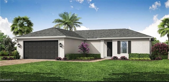 single story home with decorative driveway, stucco siding, a shingled roof, a front yard, and a garage