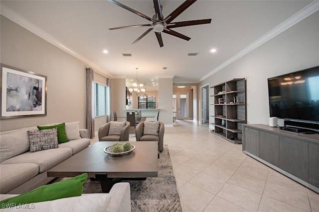 living room featuring crown molding, ceiling fan with notable chandelier, and light tile patterned floors