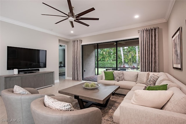 tiled living room with ceiling fan and ornamental molding