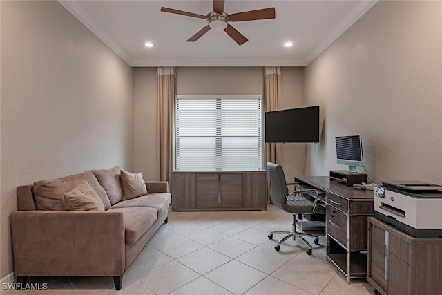 tiled office with crown molding and ceiling fan