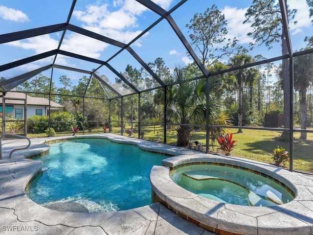 view of pool with an in ground hot tub and glass enclosure