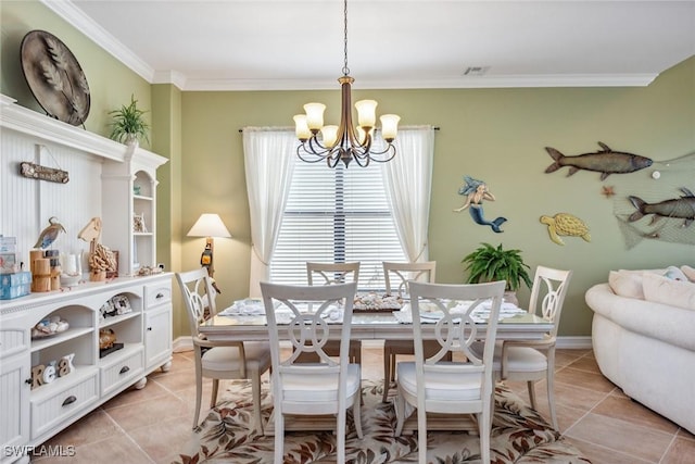 tiled dining area with a notable chandelier and crown molding