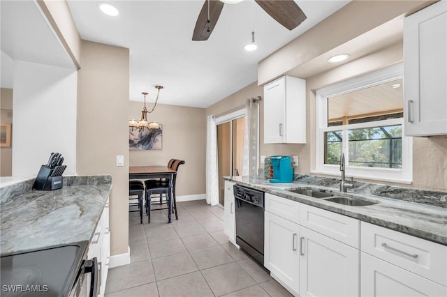 kitchen with white cabinetry, sink, ceiling fan, black dishwasher, and electric stove