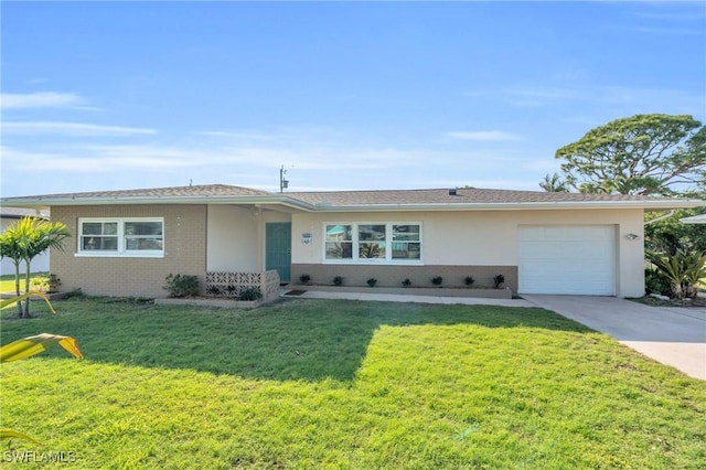 ranch-style house with a front yard and a garage