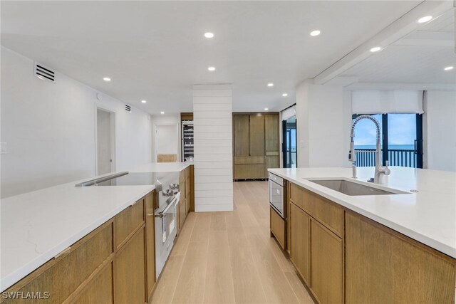 kitchen with stainless steel appliances, sink, and light hardwood / wood-style floors