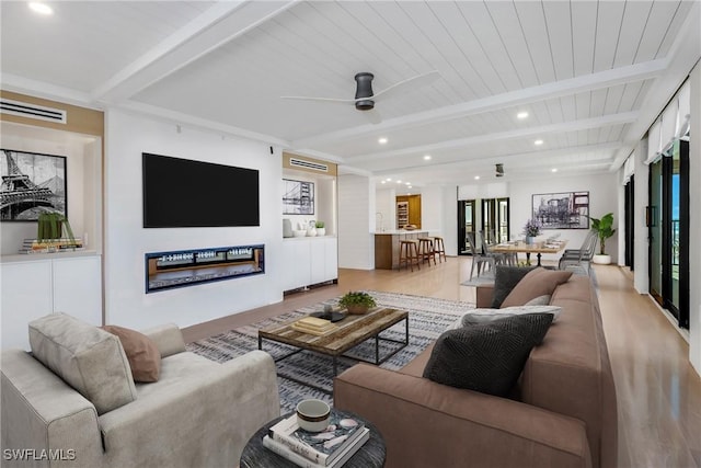 living room with wood ceiling, ceiling fan, light hardwood / wood-style flooring, and beamed ceiling