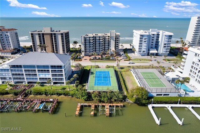 bird's eye view with a water view