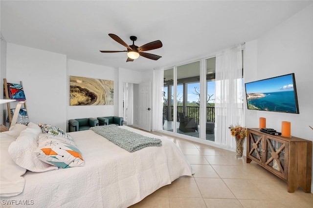 bedroom with access to outside, ceiling fan, and light tile patterned floors