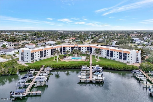 drone / aerial view with a water view