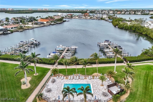 aerial view featuring a water view