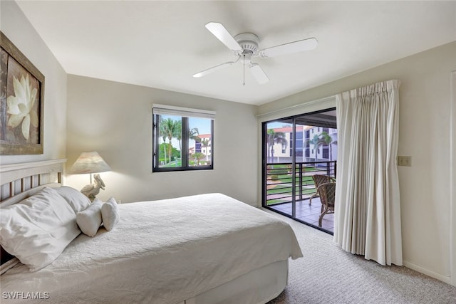 carpeted bedroom with access to exterior and ceiling fan