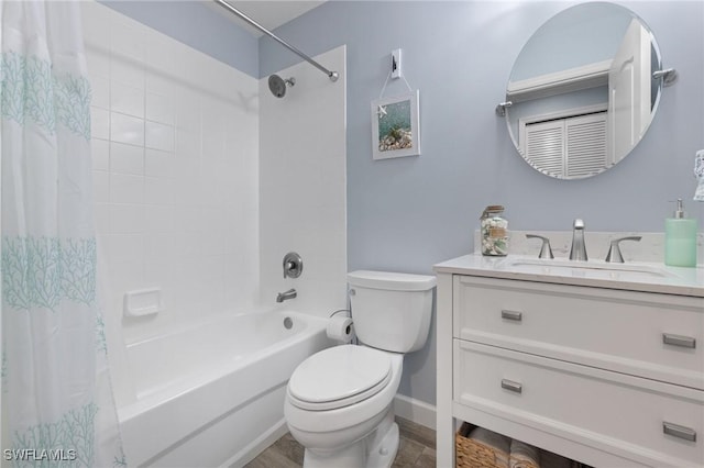 full bathroom featuring wood-type flooring, vanity, toilet, and shower / bath combo with shower curtain