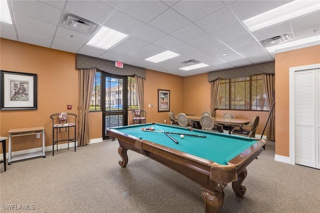 game room with carpet flooring, a paneled ceiling, and pool table