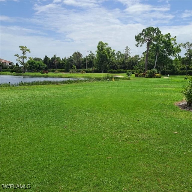 view of community featuring a lawn and a water view