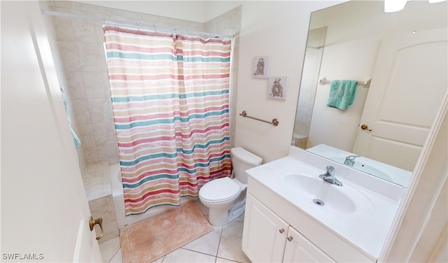 full bathroom featuring tile patterned floors, shower / bathtub combination with curtain, vanity, and toilet