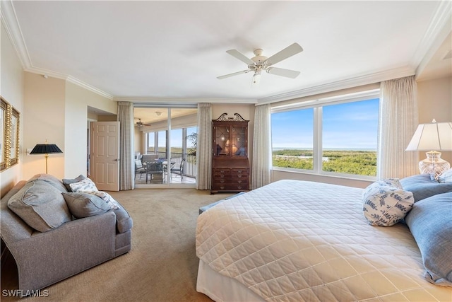 bedroom featuring ceiling fan, access to outside, ornamental molding, and carpet flooring