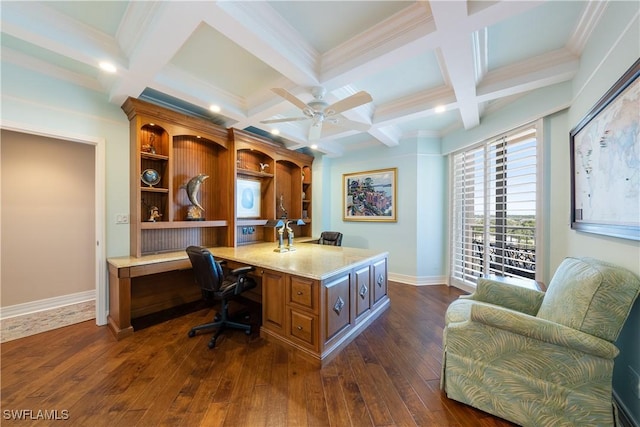 office space featuring built in desk, ceiling fan, coffered ceiling, dark hardwood / wood-style flooring, and beam ceiling