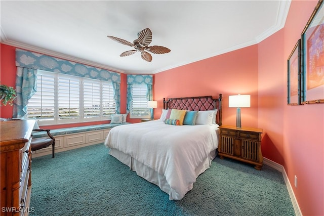 bedroom featuring ornamental molding, ceiling fan, and carpet