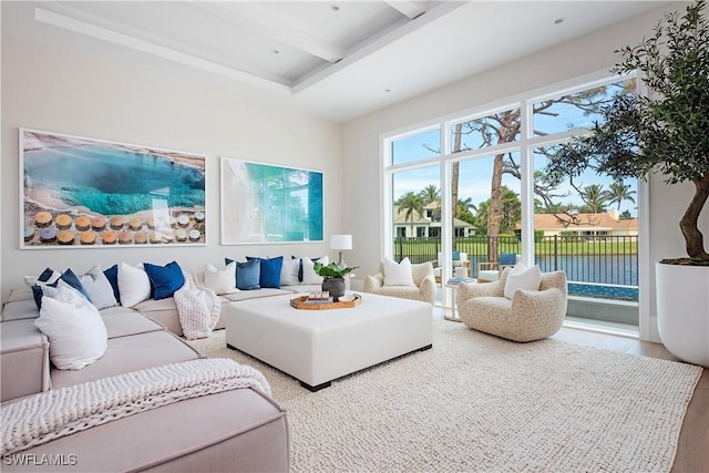 living area featuring beam ceiling