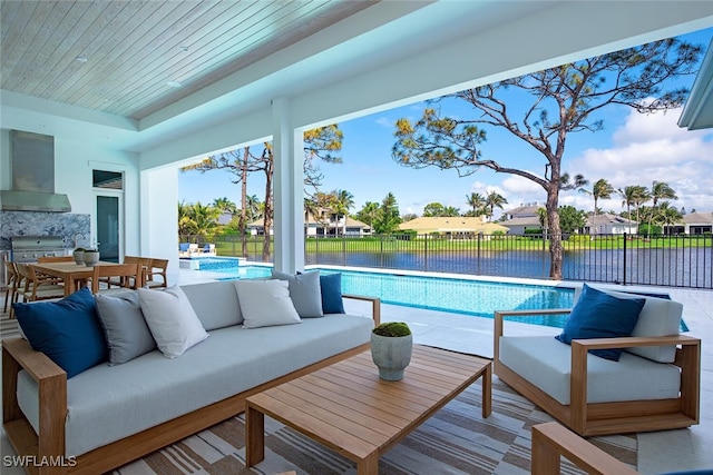 sunroom / solarium featuring a water view, wooden ceiling, and a residential view