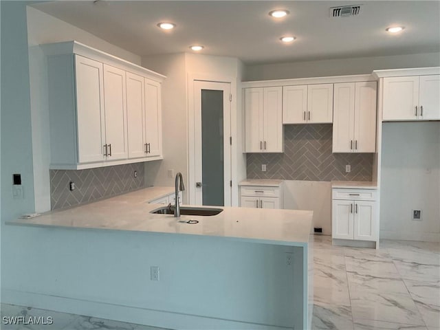 kitchen with sink, white cabinetry, and kitchen peninsula