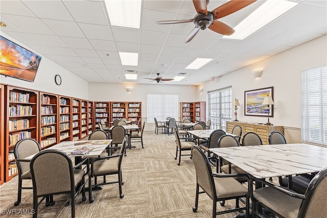 carpeted dining area featuring ceiling fan and a drop ceiling