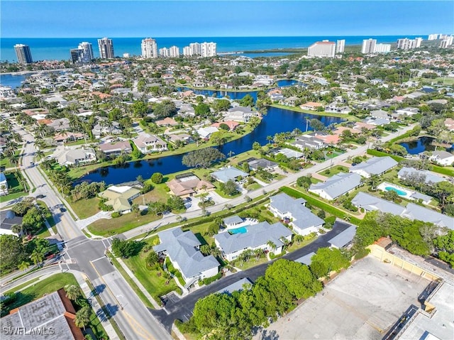 aerial view featuring a water view