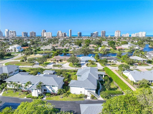 drone / aerial view featuring a water view