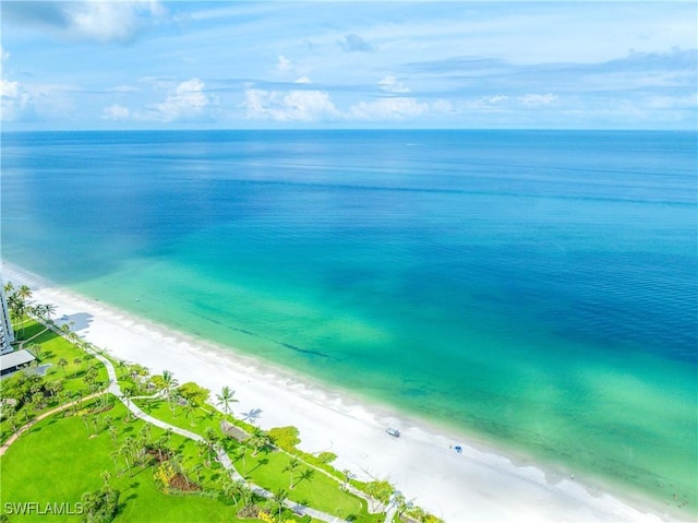 aerial view with a beach view and a water view