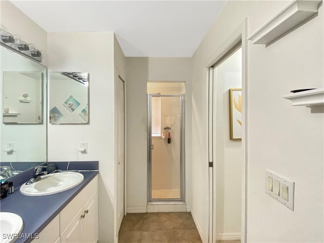 bathroom with tile patterned flooring, vanity, and an enclosed shower