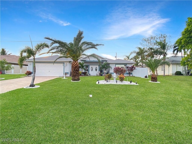 ranch-style home with a garage and a front lawn