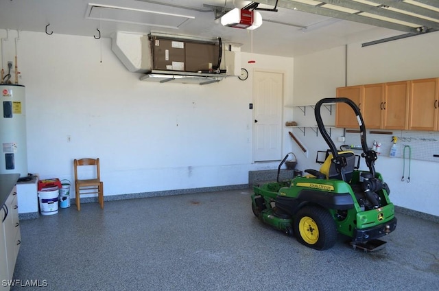 garage with electric water heater and a garage door opener