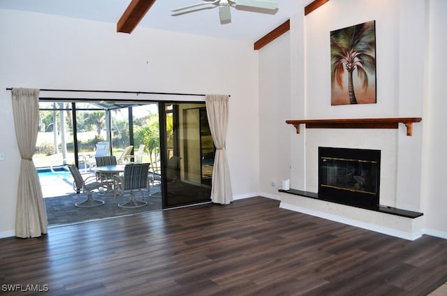 unfurnished living room with high vaulted ceiling, ceiling fan, beamed ceiling, and dark wood-type flooring