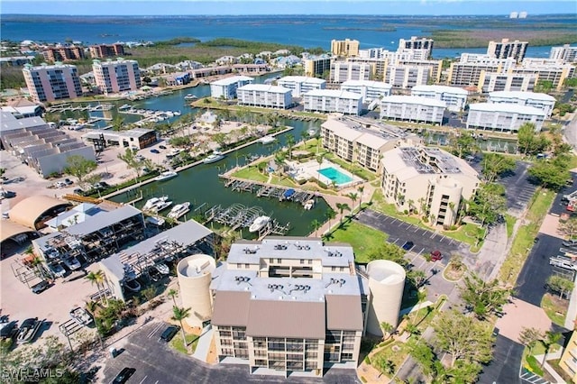 drone / aerial view with a water view