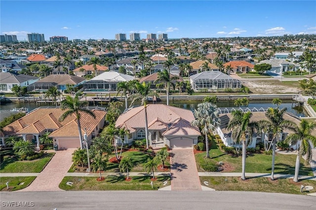 bird's eye view with a water view