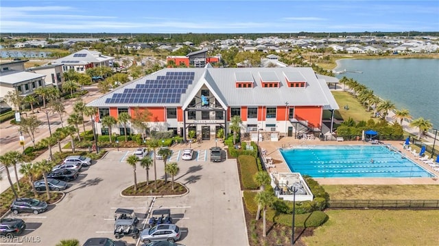 bird's eye view with a water view