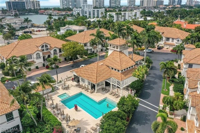 drone / aerial view featuring a water view