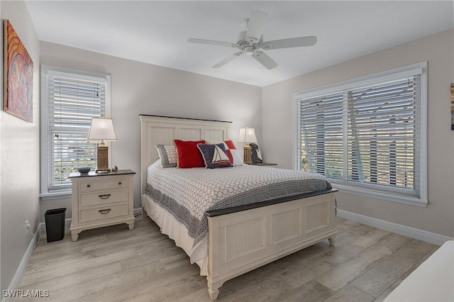 bedroom featuring ceiling fan and light wood-type flooring