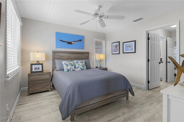 bedroom with ceiling fan and light wood-type flooring