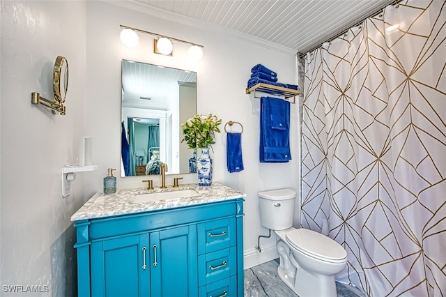 bathroom with toilet, a shower with curtain, ornamental molding, vanity, and hardwood / wood-style floors